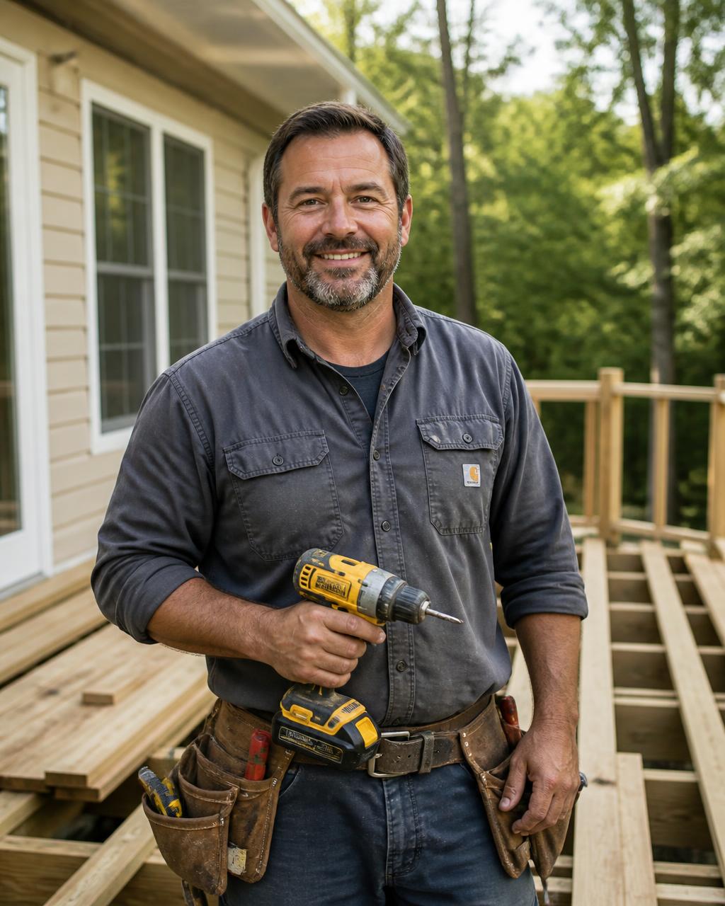 Mike, owner of DeckNPorchGuys, holding a cordless drill on a partially framed deck