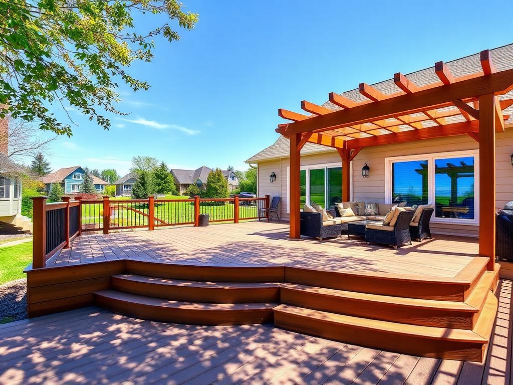 Multi-level composite deck with pergola and built-in seating behind a suburban home