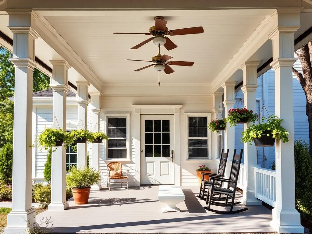 White covered front porch with wood columns, ceiling fans and hanging plants