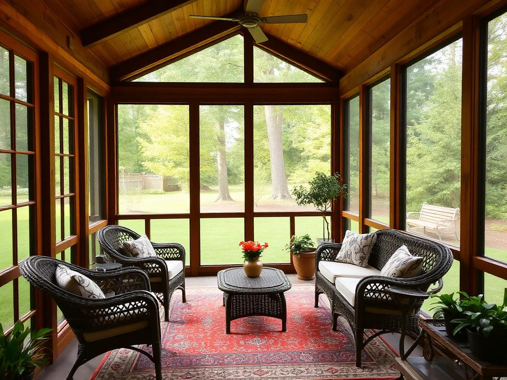 Screened-in porch with wood framing, wicker furniture and a view of a green backyard