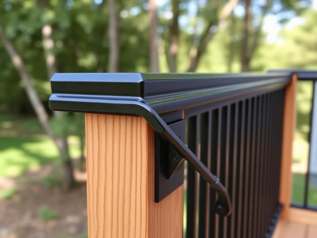 Close-up of new black aluminum deck railing mounted on cedar posts