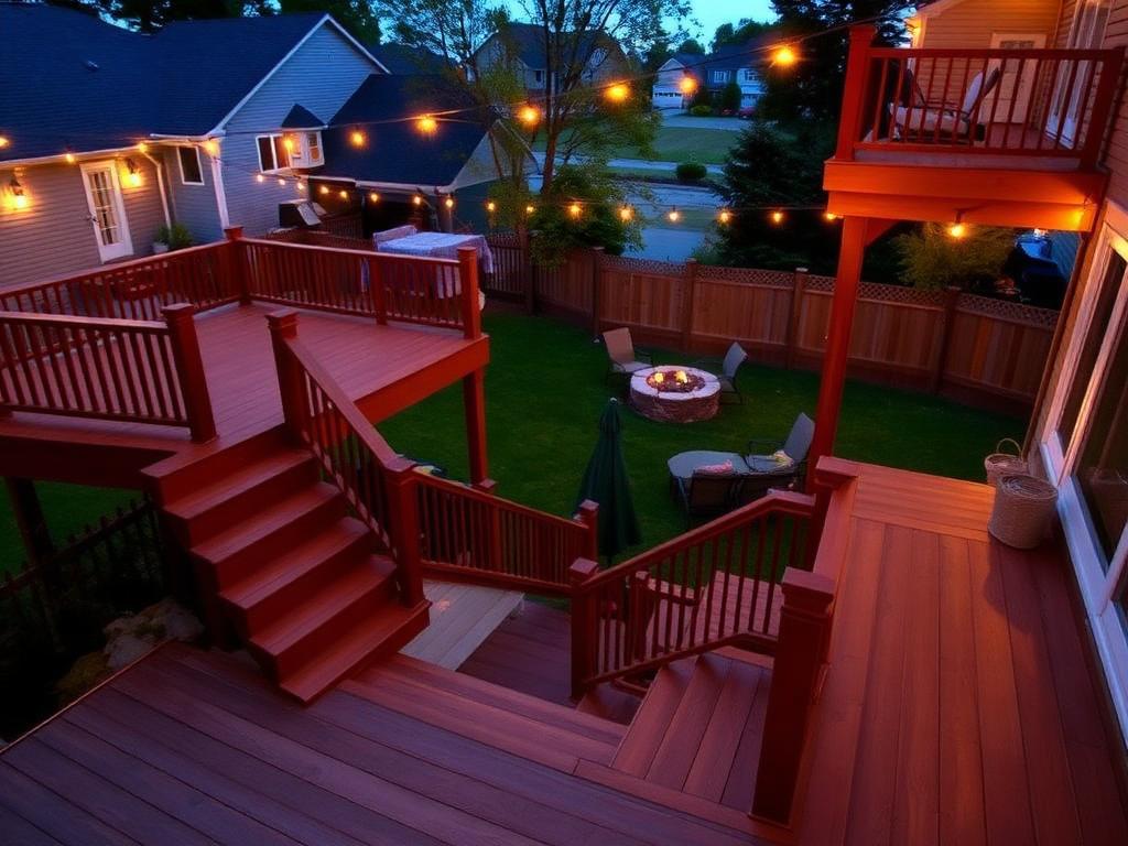 Wraparound wooden deck with stairs to a lawn and fire pit lit by string lights at dusk