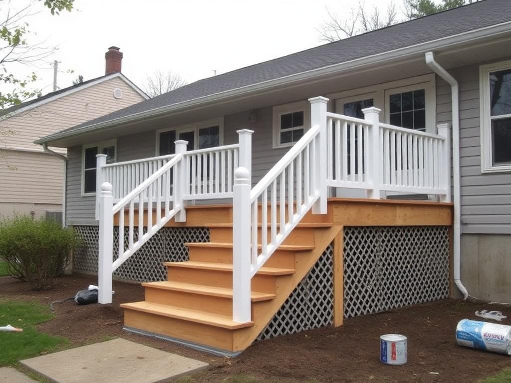 Rebuilt back porch with new wooden stairs and white railing on a ranch home